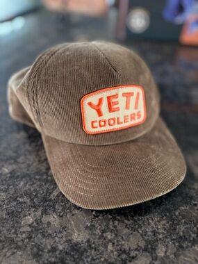 Yeti Brown Corduroy Snapback Hat with Orange Logo Patch